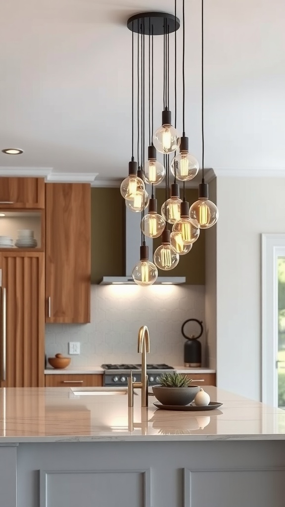 A stylish kitchen island with grouped pendant lights hanging above.