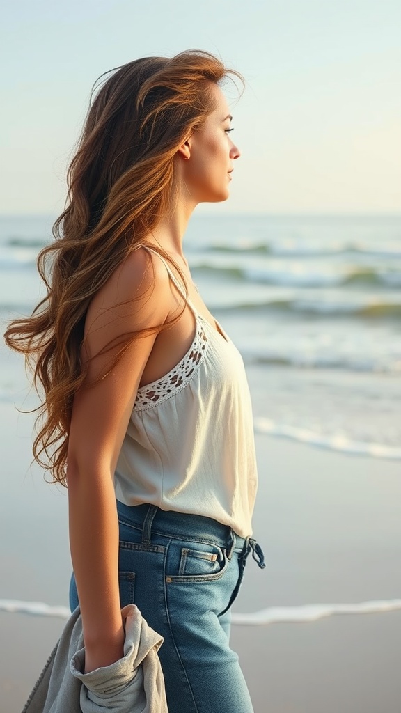 A woman with long, wavy hair styled in a beachy mullet, standing by the ocean.