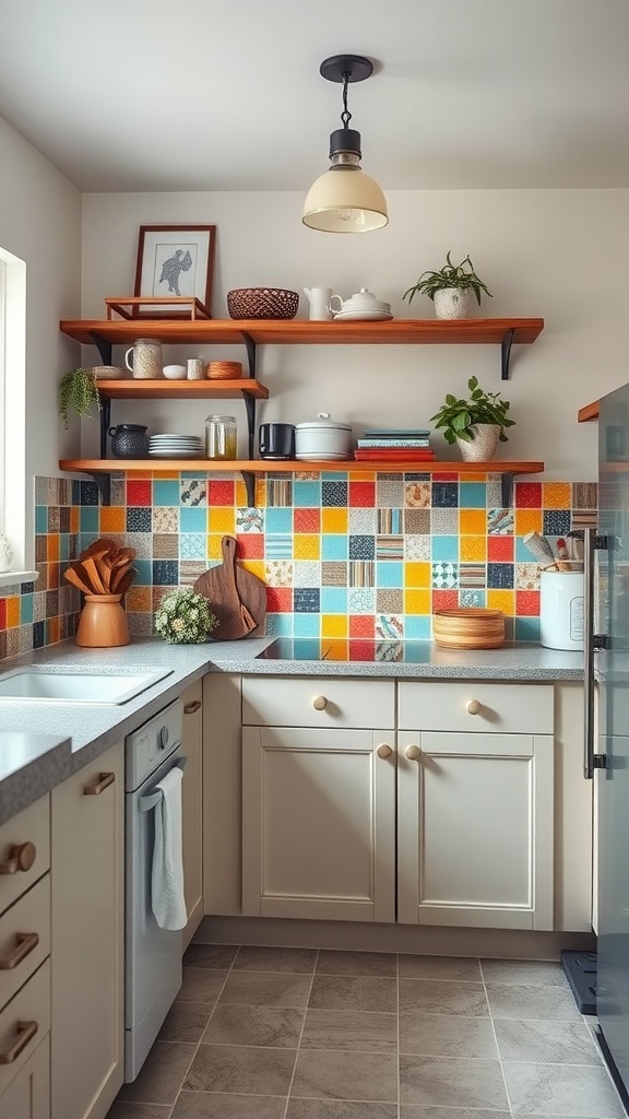 Colorful tile backsplash in a modern small kitchen