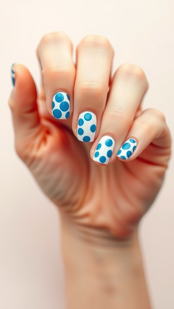 A hand with blue polka dot nail art on a white background.
