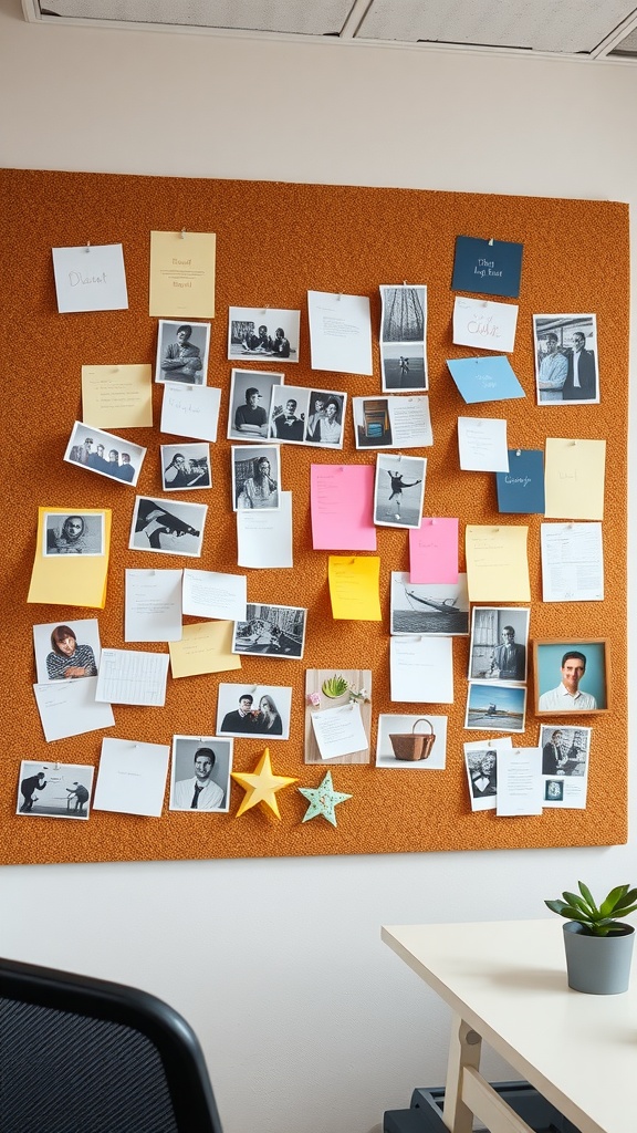 A cork bulletin board with photos, notes, and decorations, creating an engaging office environment.