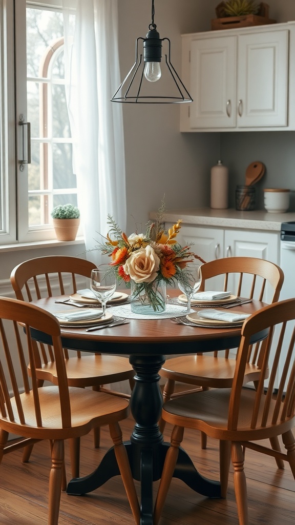 Cozy small kitchen table with floral centerpiece and elegant table setting.