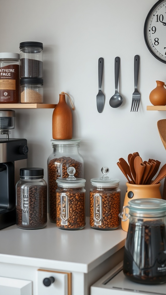 A coffee station with jars of coffee beans, utensils, and a modern coffee maker.