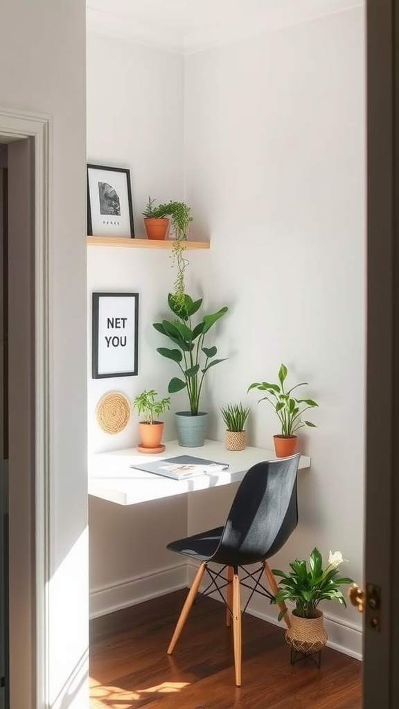 A cozy mini home office corner with a white desk, a stylish chair, and potted plants on a wall-mounted shelf.