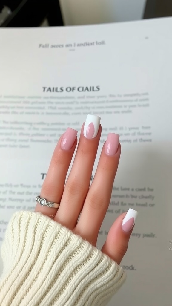 A hand with square acrylic nails featuring soft pink base color and white French tips, wearing a cozy sweater.