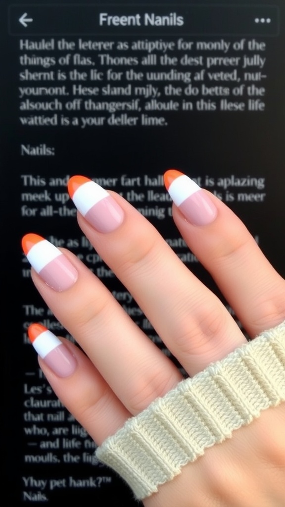 A hand with short almond nails featuring colorful French tips in orange and white, wearing a cozy sweater.