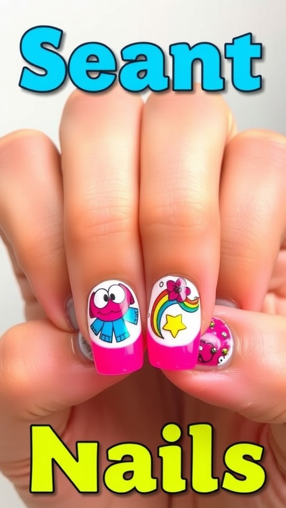Colorful acrylic nails with creative French tips featuring a cartoon elephant, a rainbow, and a star.