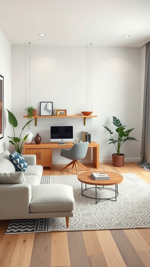 Cozy living room with a creative home office corner featuring a desk, chair, and plants.