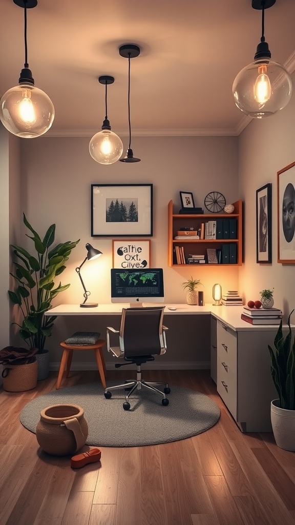 Modern home office with warm lighting, desk, and plants