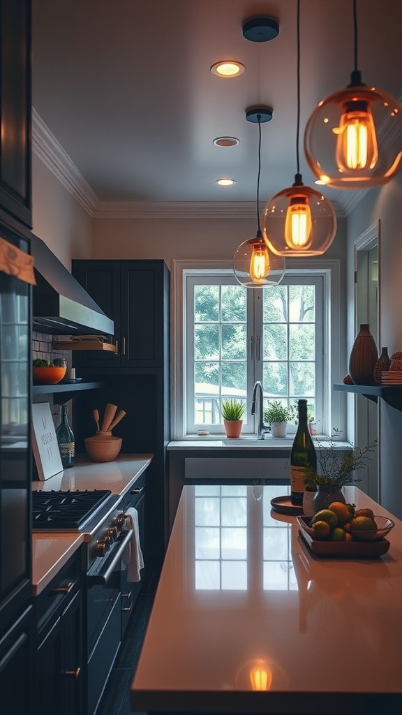 Small galley kitchen featuring warm pendant lights and recessed lighting.