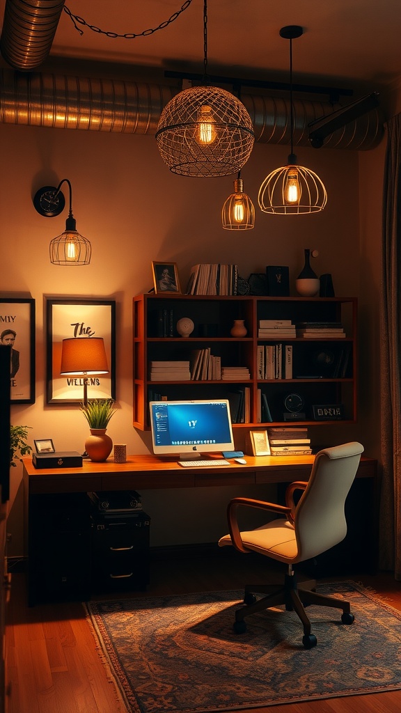 A cozy modern home office with stylish lighting and a wooden desk.