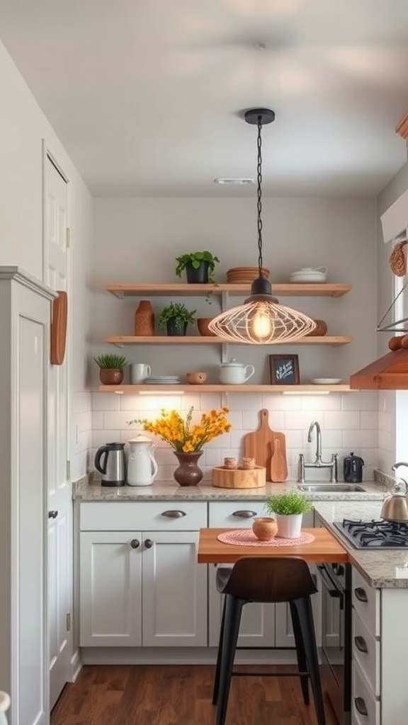 A small kitchen with a stylish pendant light and warm decor.