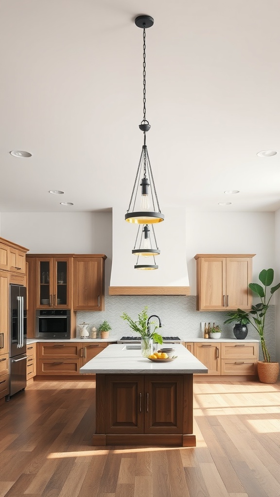 A spacious kitchen with a large island illuminated by stylish pendant lights.