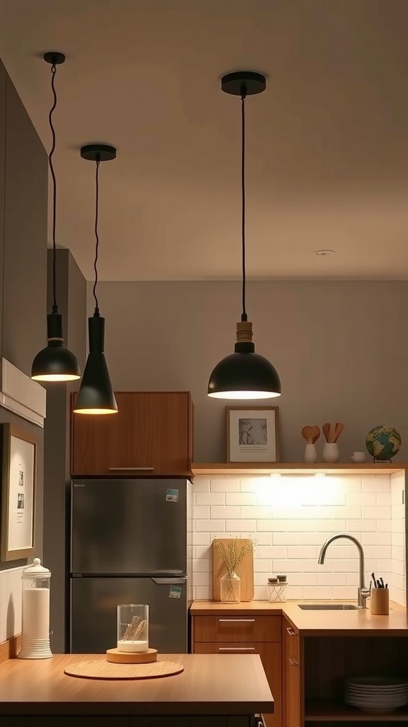 Three pendant lights hanging over a kitchen island, illuminating the workspace in a stylish mini kitchen.