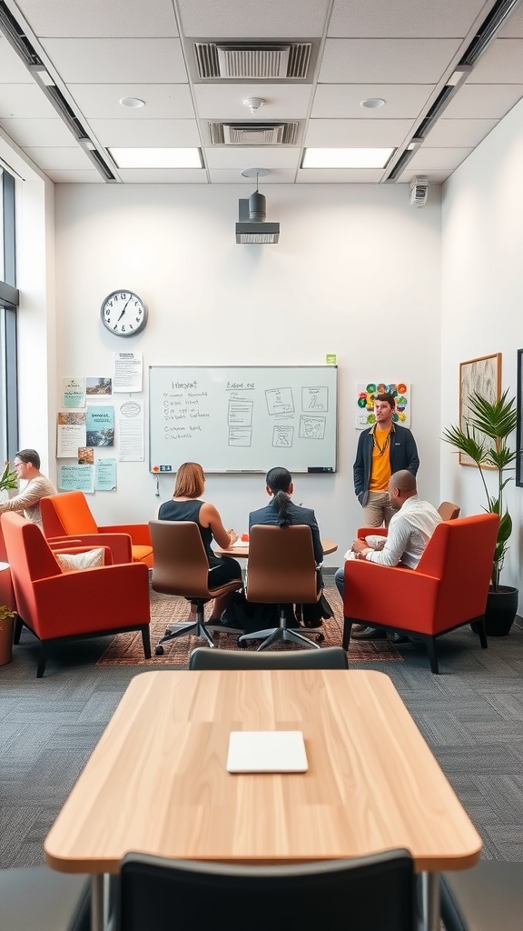 A creative meeting space with colorful seating and a whiteboard, where individuals engage in discussion.