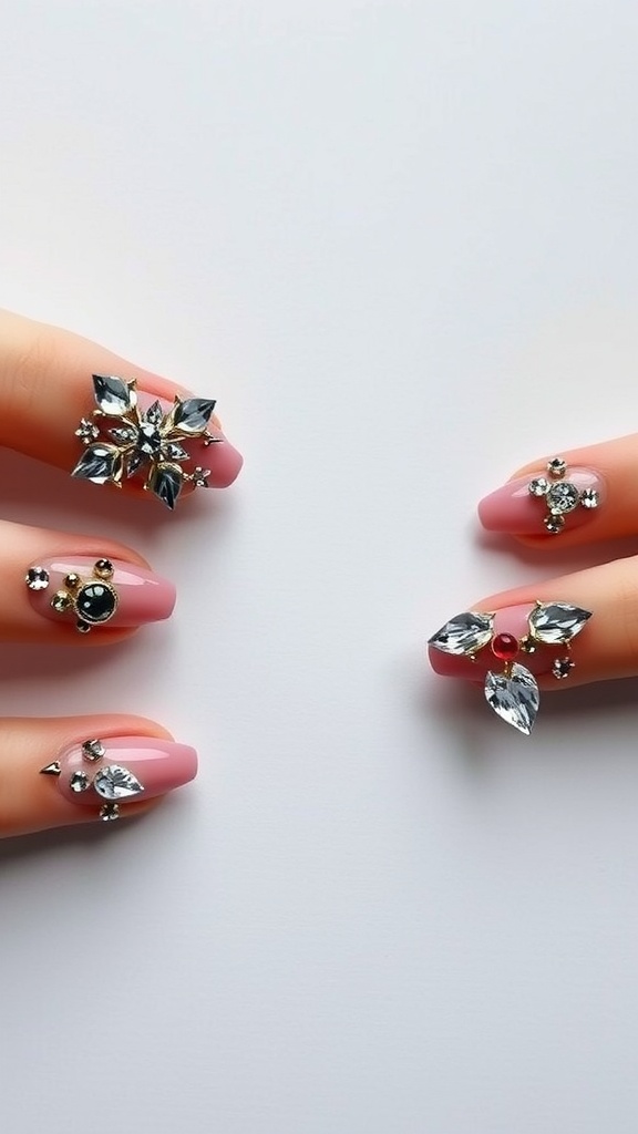 Nails decorated with pink polish and shiny gems