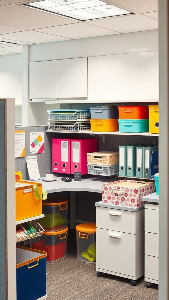 A colorful and organized office cubicle with storage boxes and files.