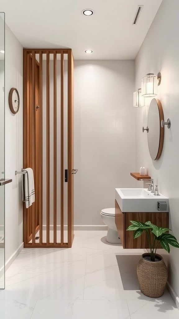 Modern jack and jill bathroom featuring a wooden slatted partition for privacy.