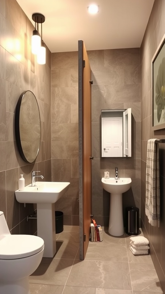 A Jack and Jill bathroom layout featuring a sliding partition for privacy.