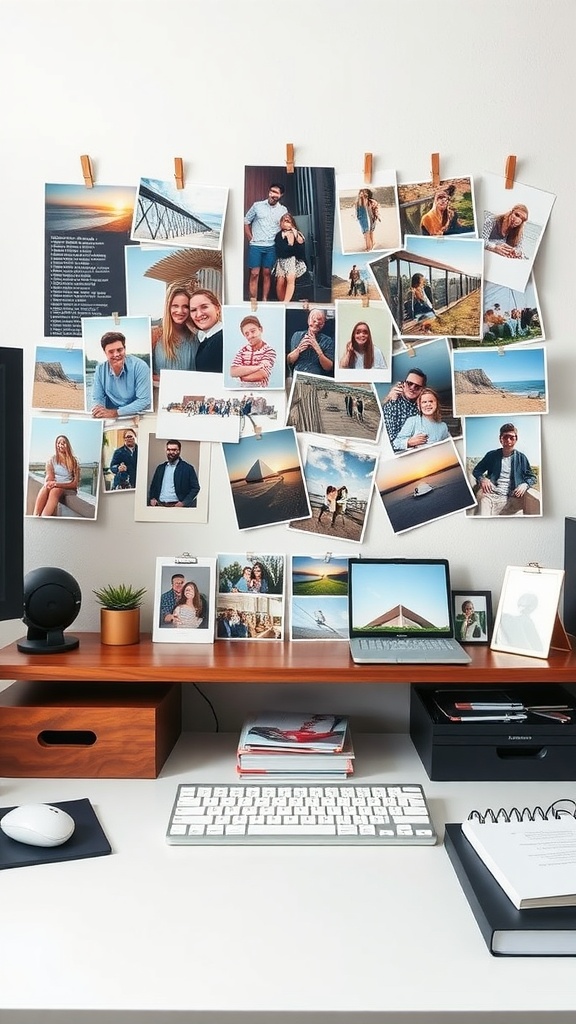 A creative photo display on a wall above an office desk, showcasing various personal photographs and memories.
