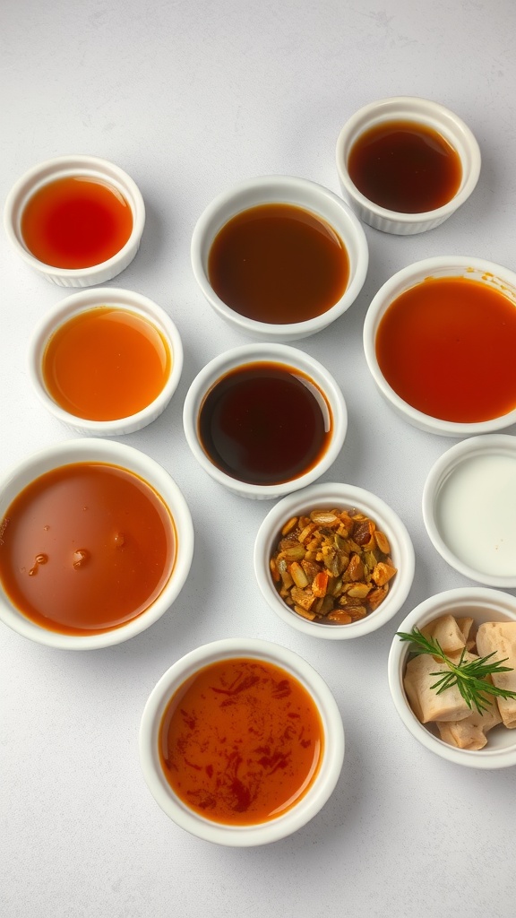 Various small bowls containing sauces and seasonings for pork chops.