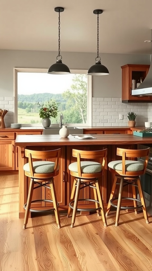 A beautifully designed rustic farmhouse kitchen island with wooden bar stools and bright natural light.