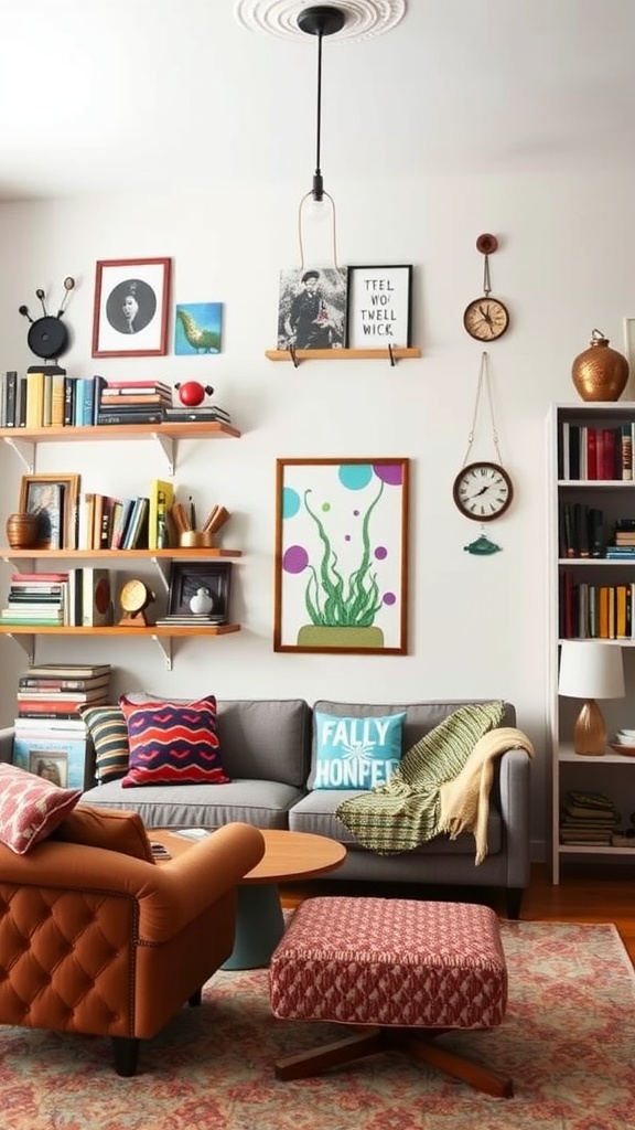 A whimsical living room featuring creative shelving solutions with a mix of books, art, and colorful decor.