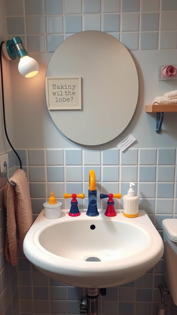 A creative sink area in a kids' bathroom featuring colorful taps, a playful mirror, and practical storage.