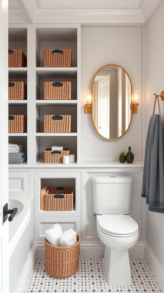A guest bathroom featuring built-in shelves with wicker baskets for storage, a round mirror, and stylish lighting.