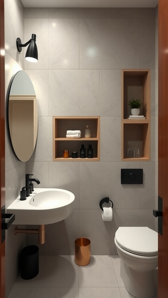 Modern guest bathroom with clever storage solutions and stylish decor.