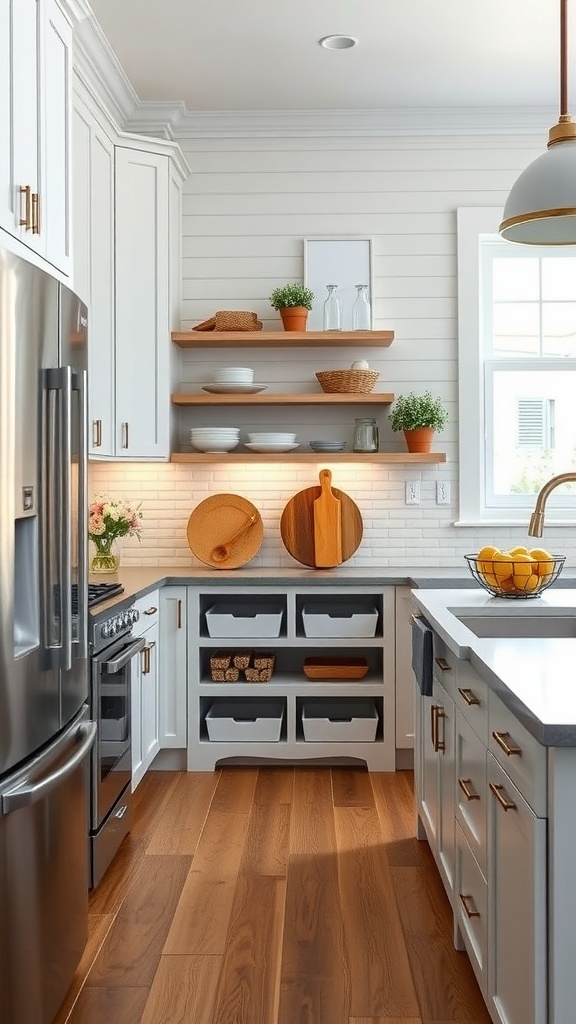 A modern farmhouse kitchen featuring open shelves, organized storage, and cozy design elements.