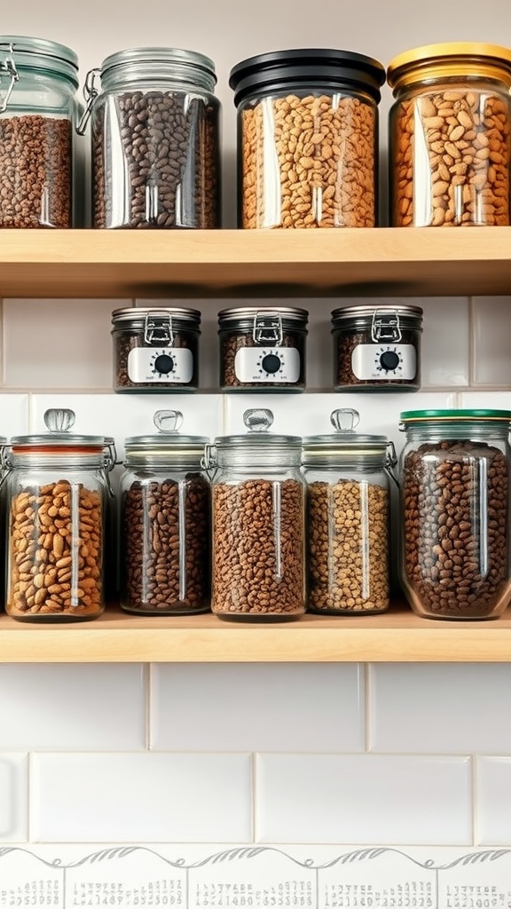 Stylish kitchen coffee station with jars of coffee beans on shelves