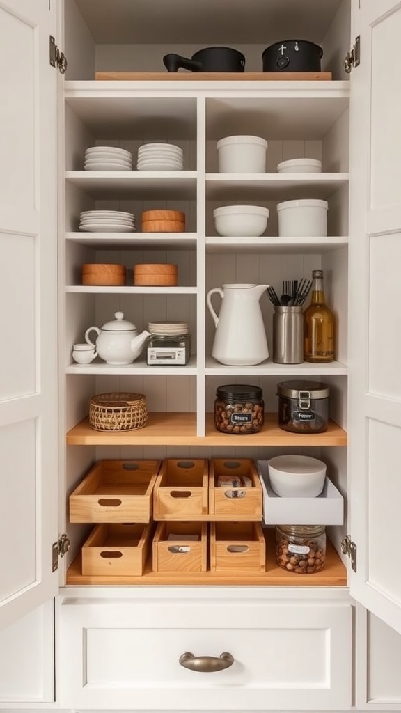 Organized farmhouse kitchen cabinet with plates, pots, and storage jars