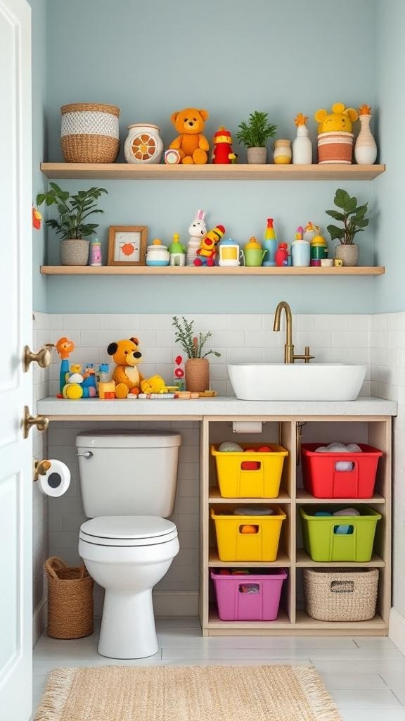 A colorful kids' bathroom featuring vibrant storage solutions, playful decor, and organized spaces.