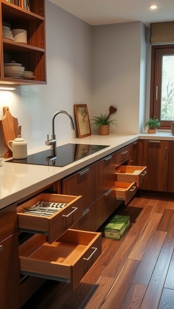 A modern kitchen featuring wooden cabinets with several open drawers, showcasing organized kitchen utensils and tools, highlighting creative storage under the counter.