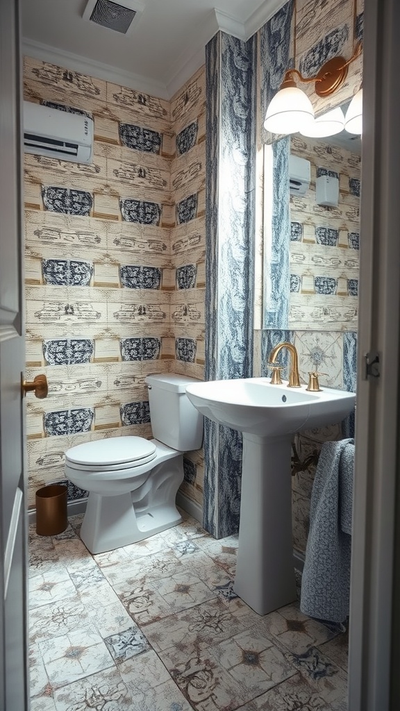 A small guest bathroom featuring unique tile designs on the floor and walls, with gold fixtures and a modern sink.