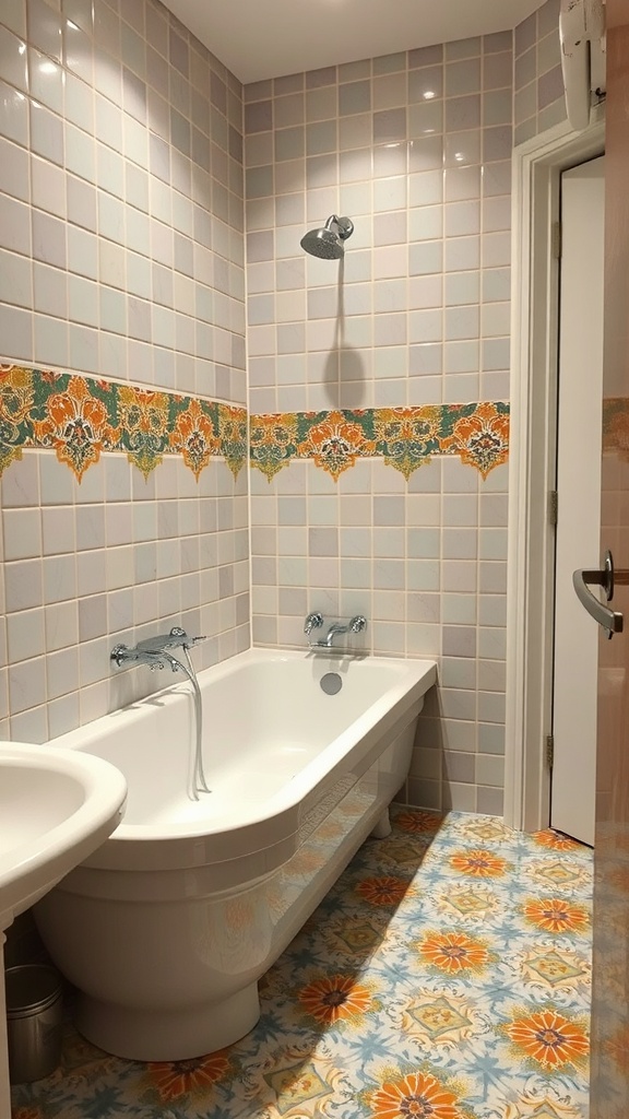 A small bathroom featuring a white tub, colorful tile patterns on the walls and floor, and a shower head.