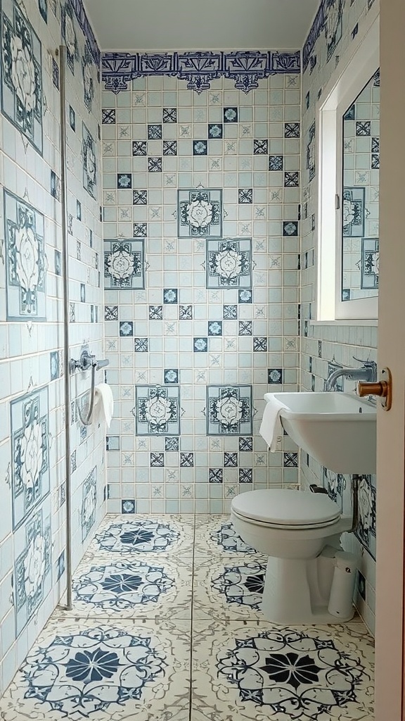 A small bathroom with creative blue tile patterns on the walls and floor.