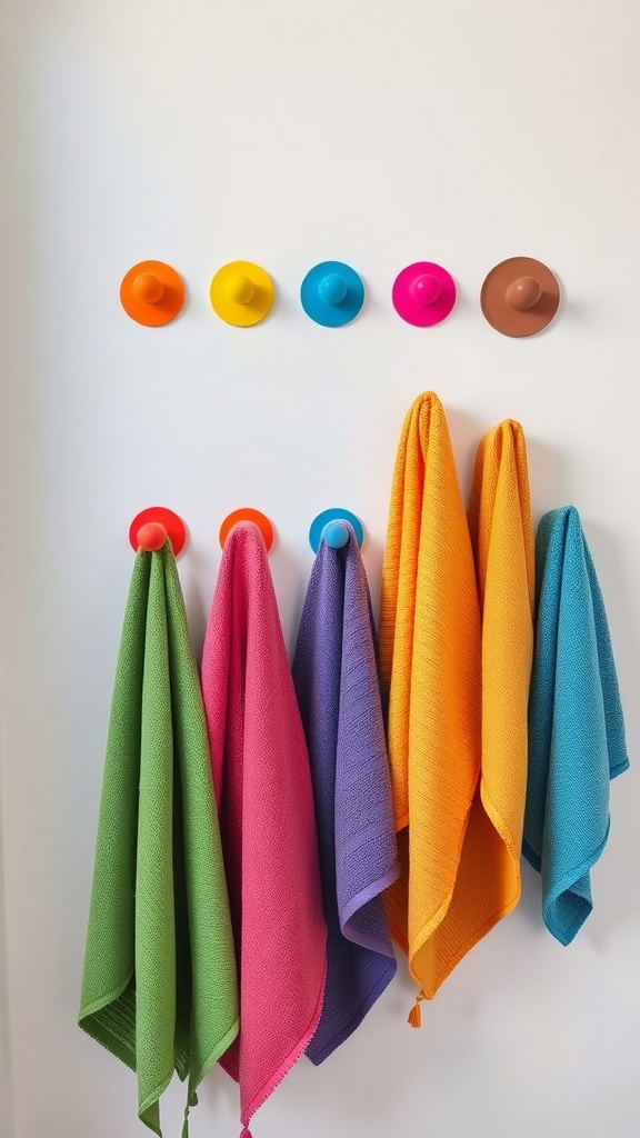 Colorful towel hooks with vibrant towels hanging in a bathroom