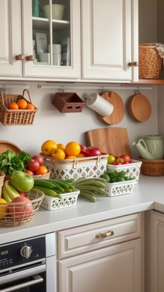 A small kitchen counter filled with various baskets and bins holding fruits and vegetables, showcasing creative organization.