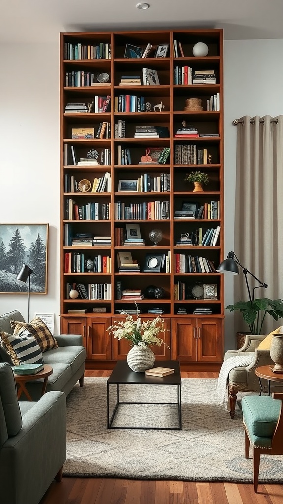 A stylish living room with a tall bookcase filled with books and decorative items, serving as a room divider.
