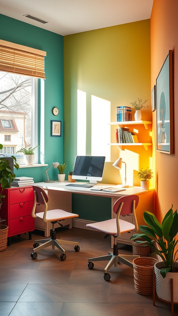 A small home office featuring vibrant teal, green, and orange walls, a large window letting in natural light, a desk with an iMac, and colorful chairs.