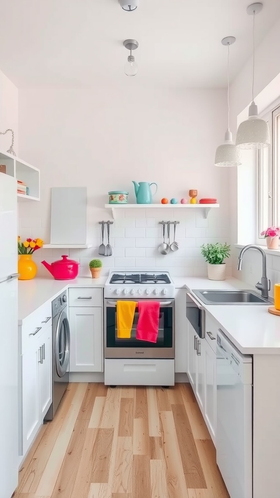 A bright, small kitchen featuring colorful decor and light-colored cabinetry.