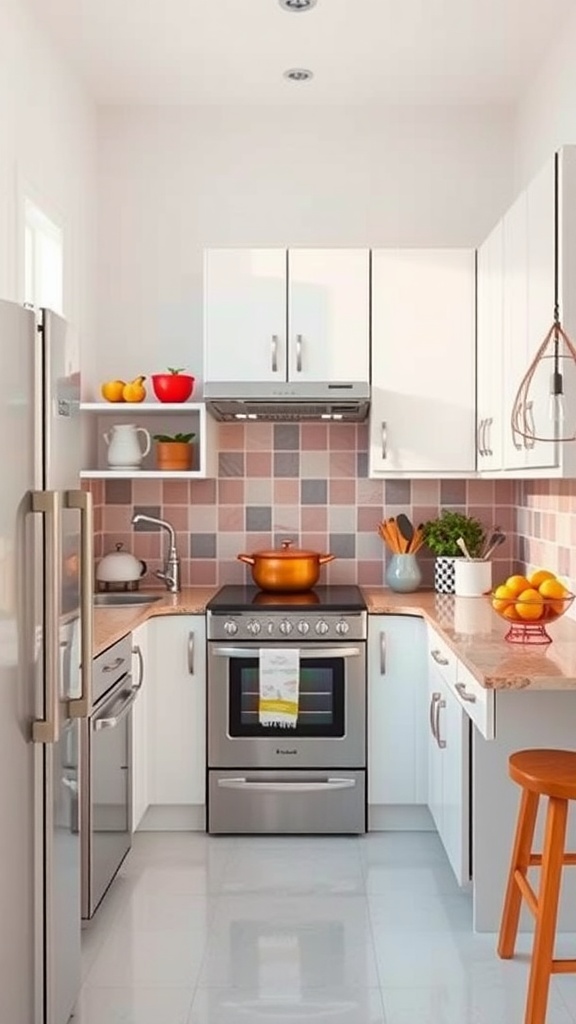 Small kitchen with white cabinets, pink and beige backsplash, and colorful accents