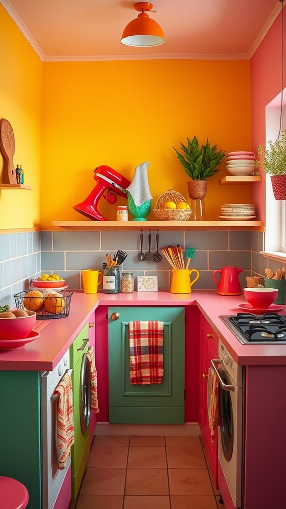 A colorful small apartment kitchen with pink countertops, yellow and orange walls, and vibrant cabinets.