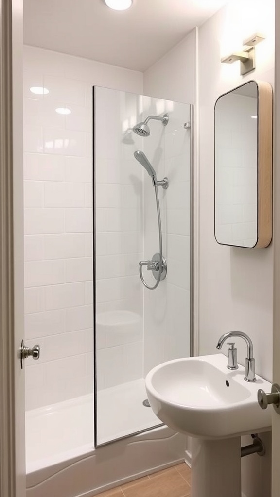 A small bathroom featuring a corner shower and sink, maximizing space with modern design.