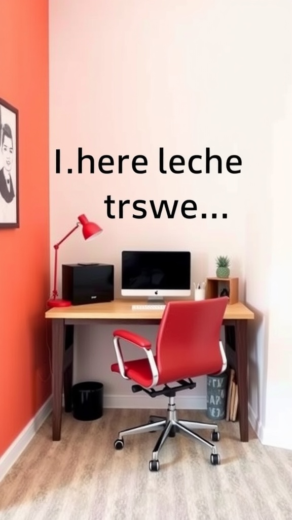 Small home office corner with a desk, computer, and red chair.