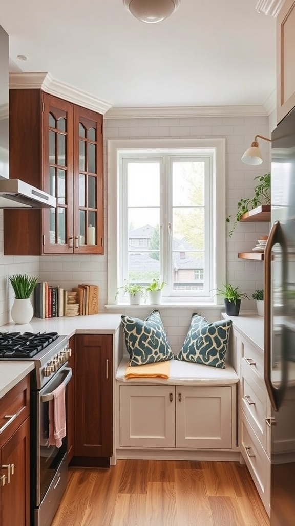 A small kitchen with a cozy corner seating area and plants.