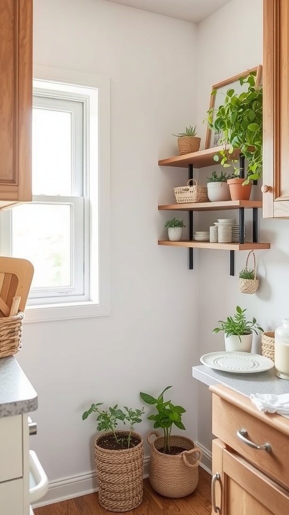 Small kitchen corner with floating shelves, potted plants, and woven baskets.