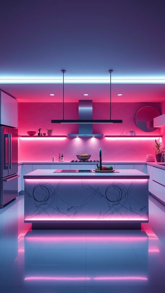 A modern kitchen with pink and blue neon lighting accents over the island.